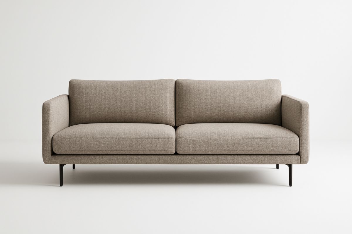 Divano a due posti in tessuto beige con gambe in metallo
