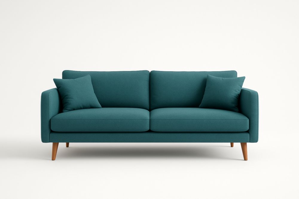 Divano in tessuto verde con piedi in legno