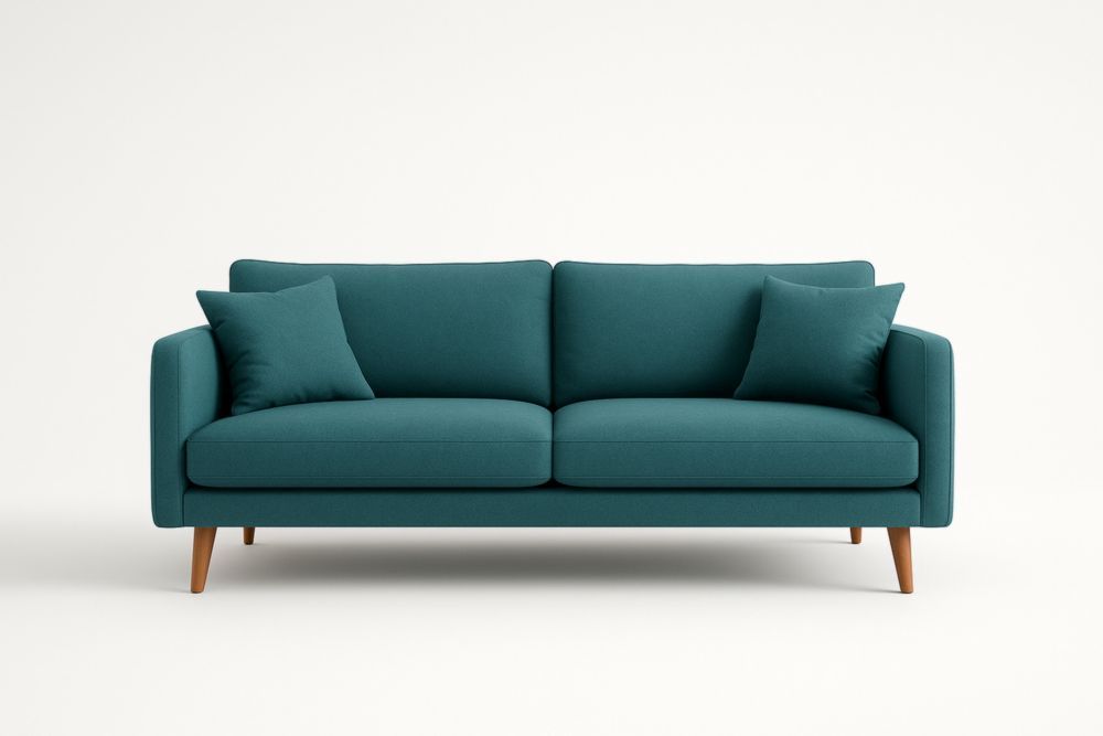 Divano in tessuto verde con piedi in legno