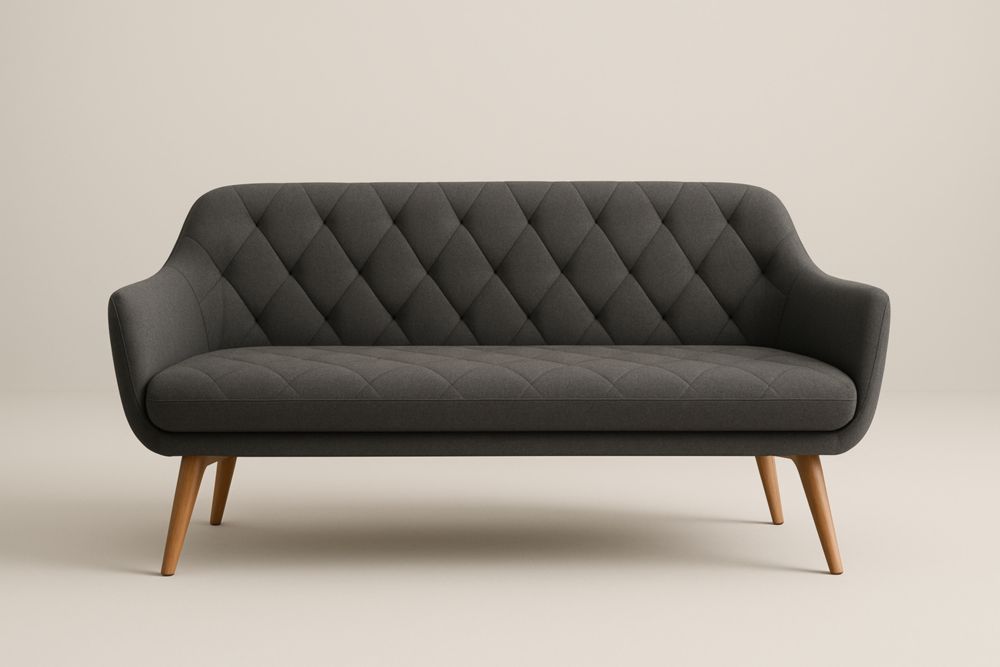 Divano a Tre Posti in Tessuto Grigio Scuro con Gambe in Legno