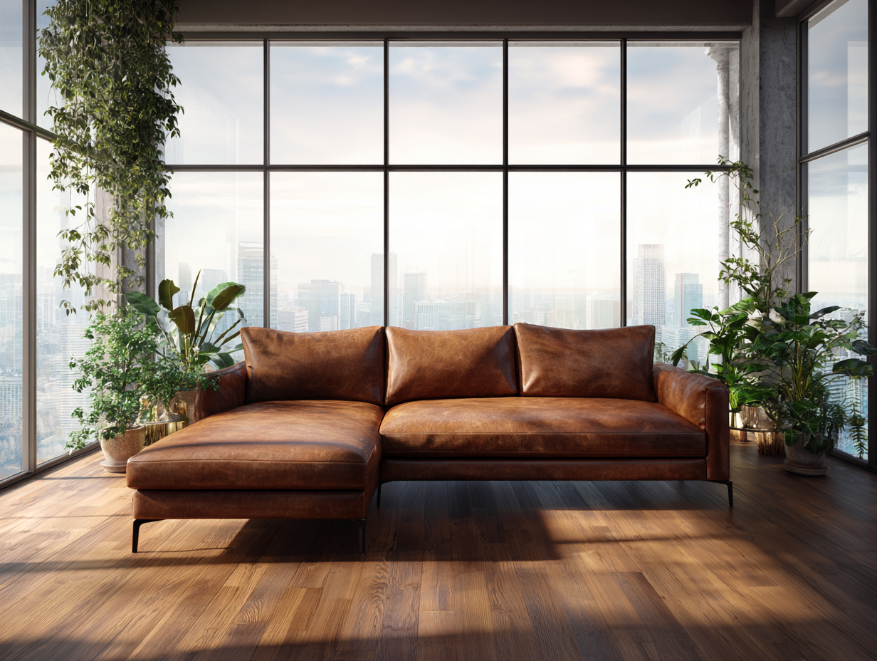 Canapé d'angle en cuir véritable 285x145x78cm - brun - pour salon - design contemporain