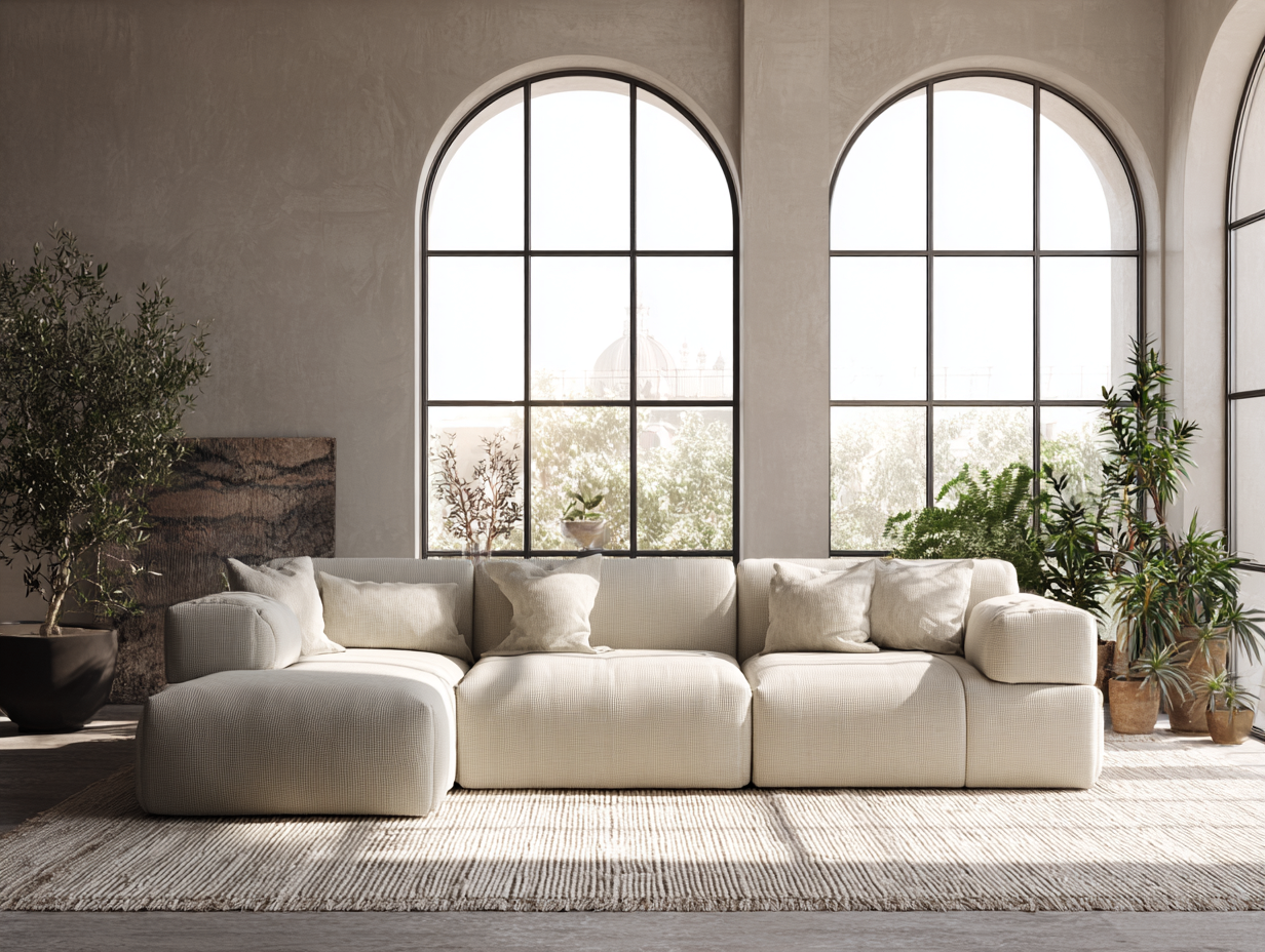 Canapé d'angle en tissu 280x95x75cm - écru - pour salon - design contemporain