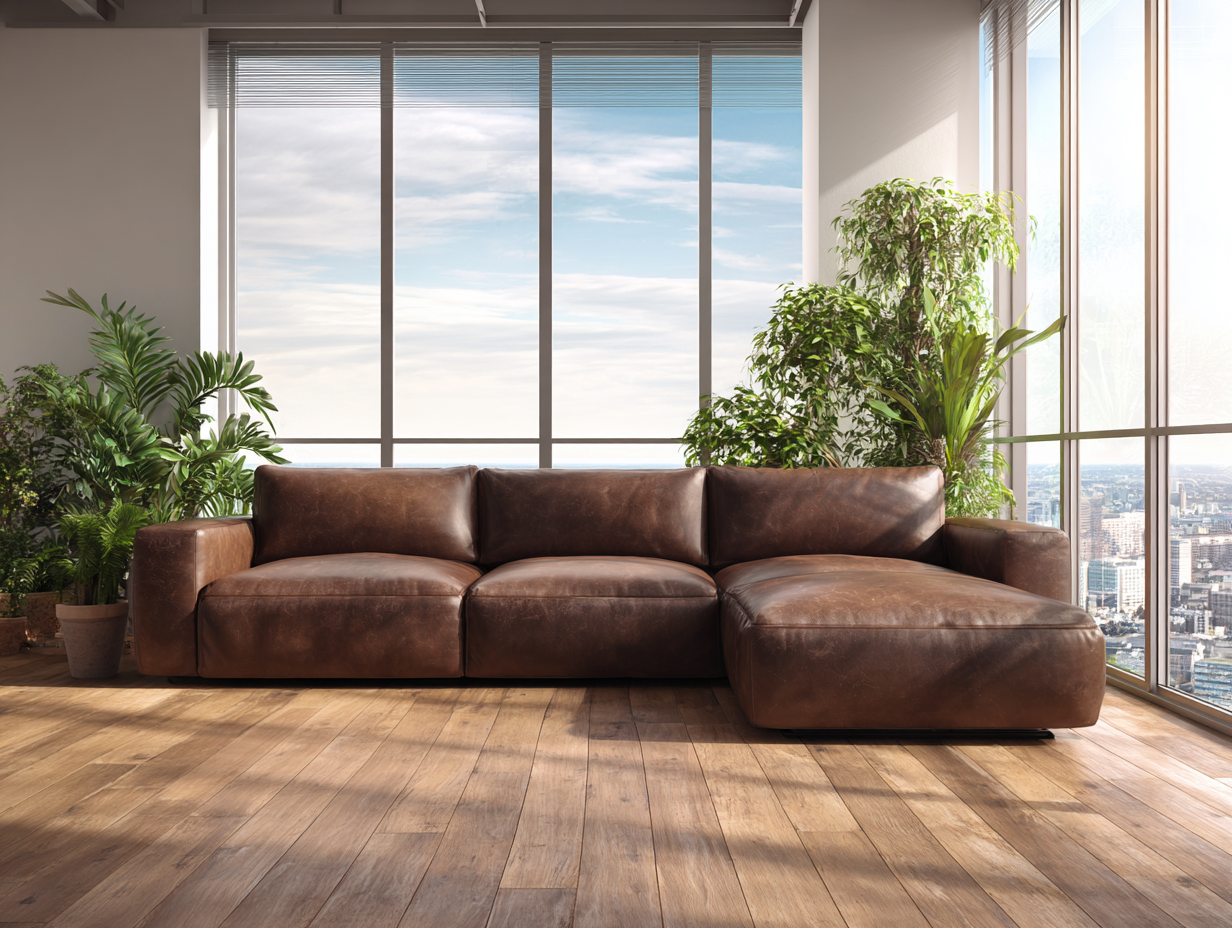 Canapé d'angle en cuir véritable 300x160x80cm - brun - pour salon - style contemporain