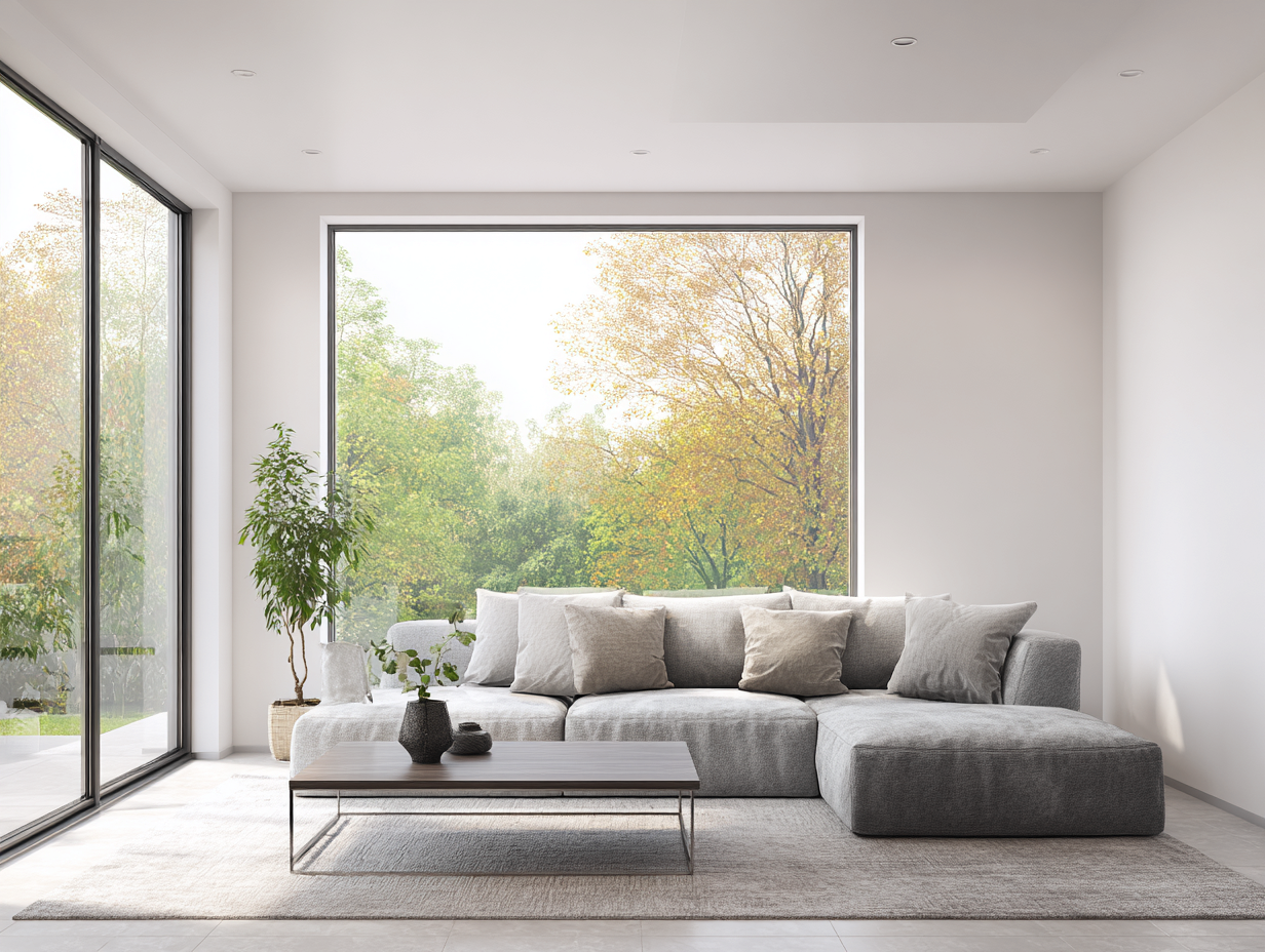 Canapé d'angle en tissu 295x170x80cm - gris clair - salon - design contemporain avec méridienne