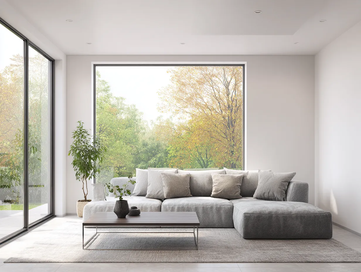 Canapé d'angle en tissu 295x170x80cm - gris clair - salon - design contemporain avec méridienne