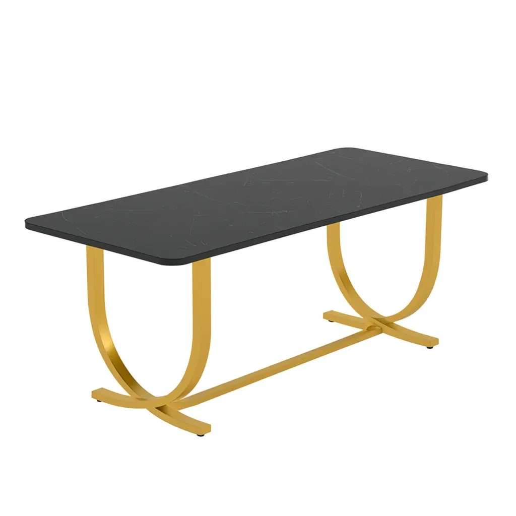 Table rectangulaire effet marbre avec structure en métal doré, plateau noir 180x90x75 cm-MOBILIQO