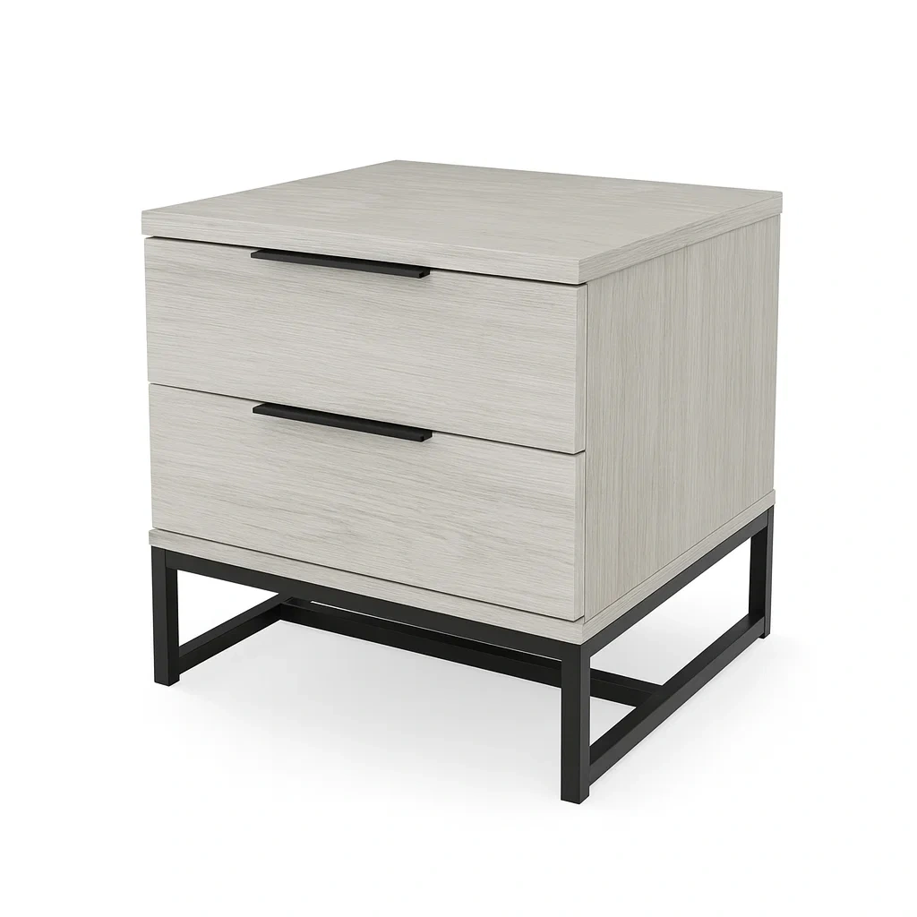 Table de chevet en bois MDF et métal avec 2 tiroirs gris clair/noir-MOBILIQO