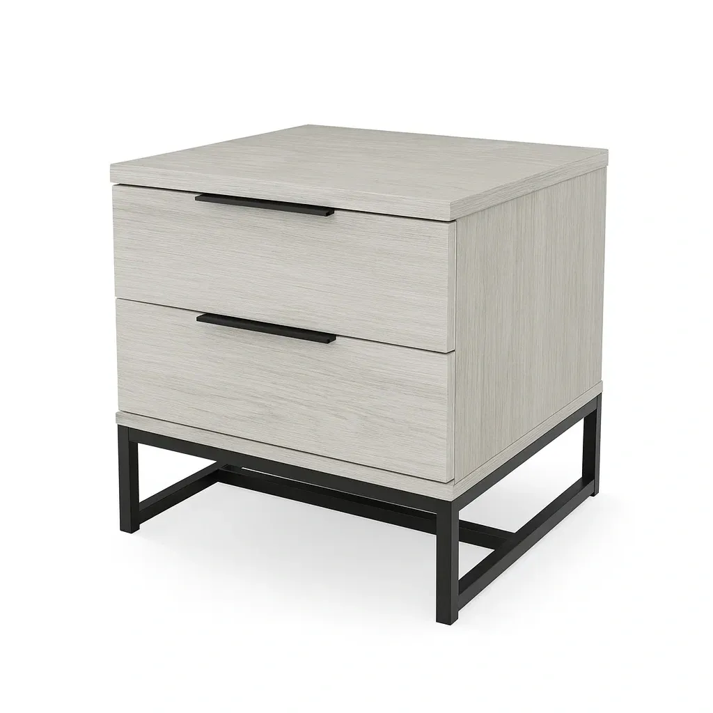 Table de chevet en bois MDF et métal avec 2 tiroirs gris clair/noir-MOBILIQO