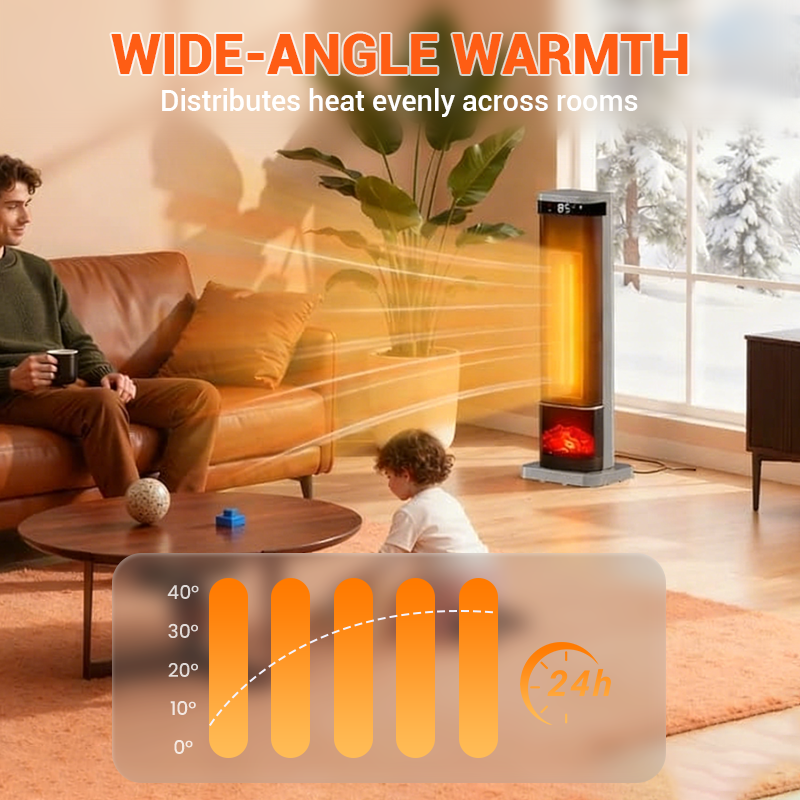 Indoor heater, with 3 light colors, adjustable thermostat with remote control, tip-over protection