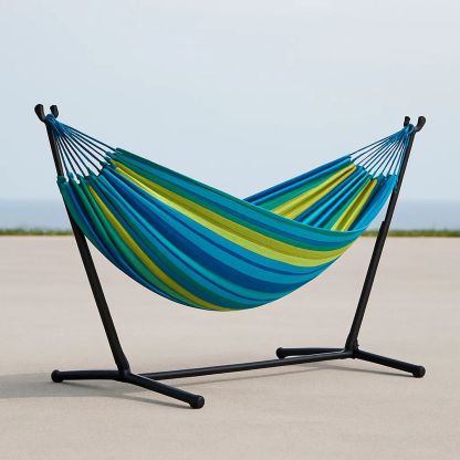 Hängematte mit Gestell aus Baumwoll-Polyester blau/grün Streifen