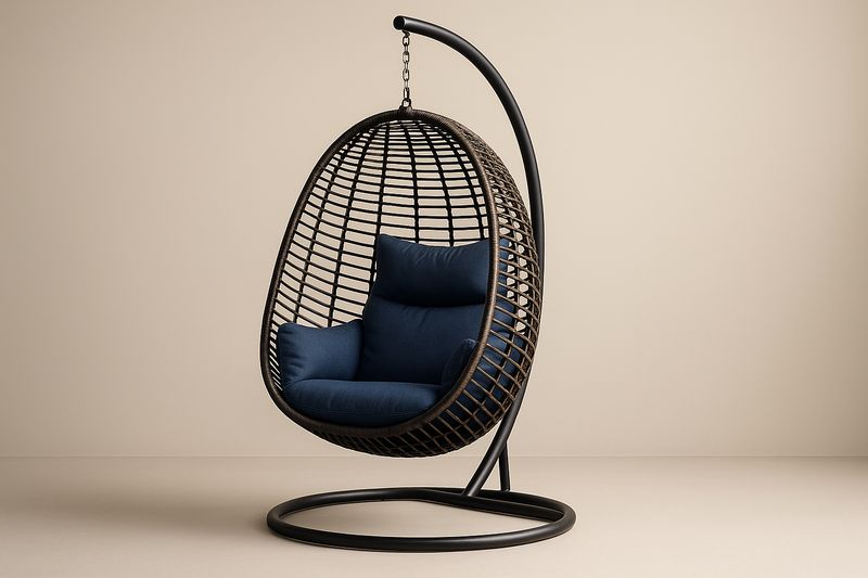 Garten-Hängesessel in Ei-Form aus PE-Rattan mit Stahlrahmen und blauen Kissen