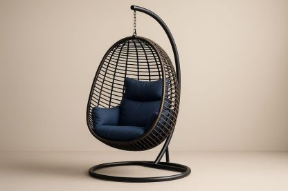 Garten-Hängesessel in Ei-Form aus PE-Rattan mit Stahlrahmen und blauen Kissen
