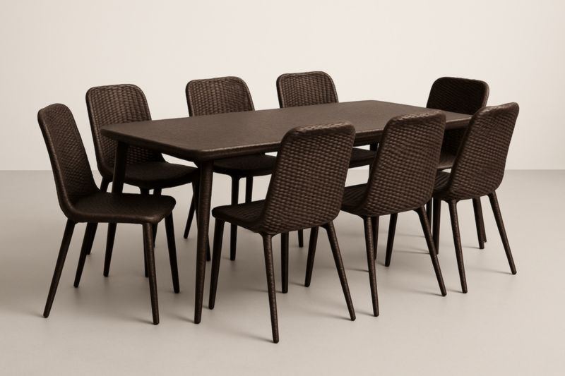 Table à manger rectangulaire en résine tressée avec 8 chaises