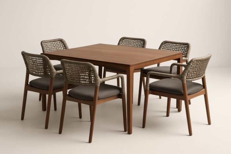 Ensemble table 150 x 90 cm hêtre massif + 6 chaises bois naturel corde PP mousse tissu