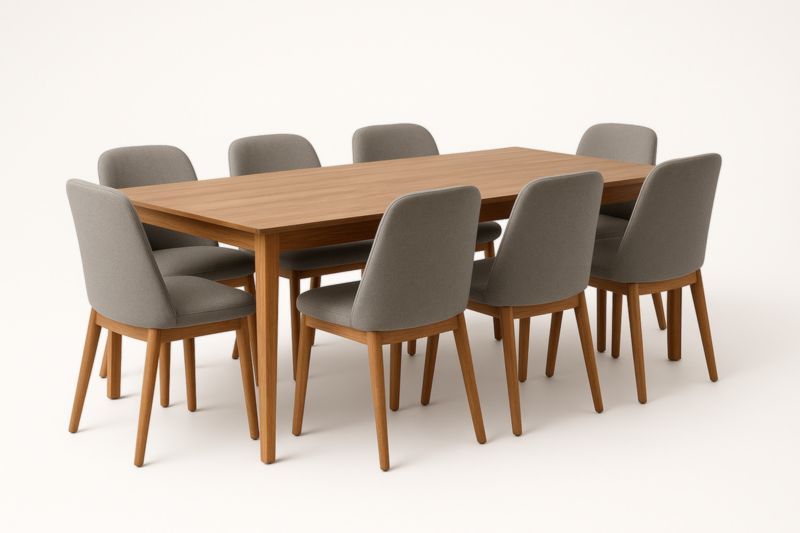 Ensemble de Table en Bois avec 8 Chaises en Tissu Gris