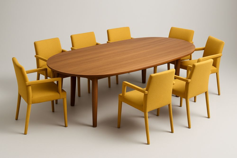 Ensemble table 240 cm et 8 chaises en bois d'hévéa avec chaises rembourrées – Brun naturel/Jaune