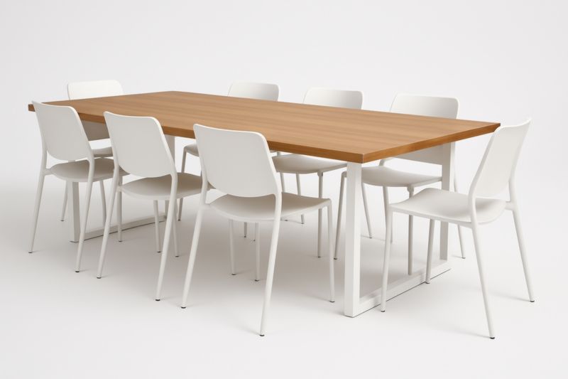 Table à manger rectangulaire bois acier avec 8 chaises blanches