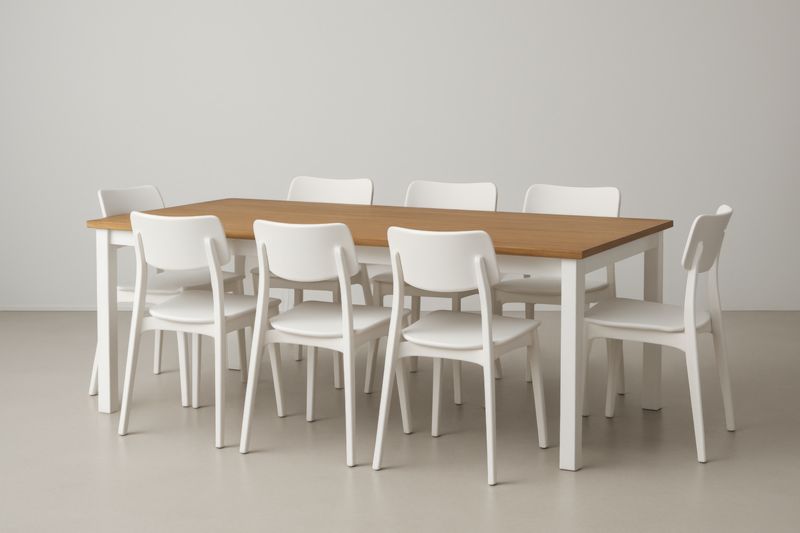 Table MDF bois naturel + 8 chaises polypropylène moulé blanc