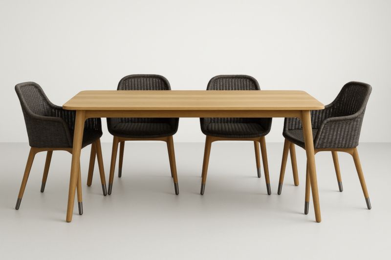 Ensemble table rectangulaire en bois et chaises en résine tressée