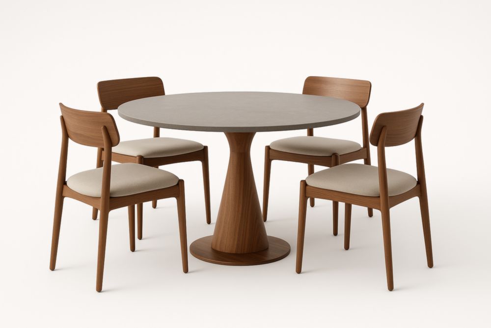 Table Ronde en Bois avec Chaises en Tissu Beige, Ensemble de 5