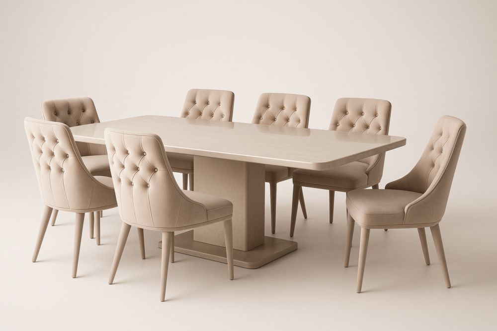 Ensemble Table en Bois et 7 Chaises en Polyester Beige