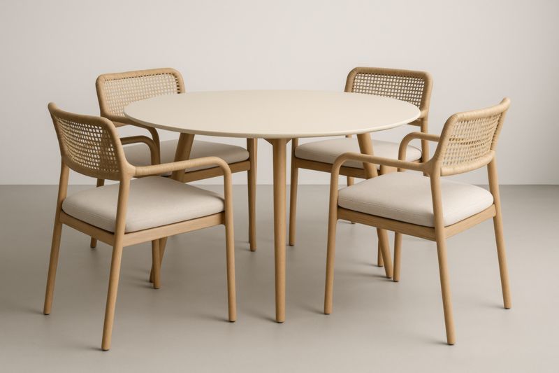 Ensemble table ronde 120 cm + 4 chaises hêtre massif rotin tressé assise beige