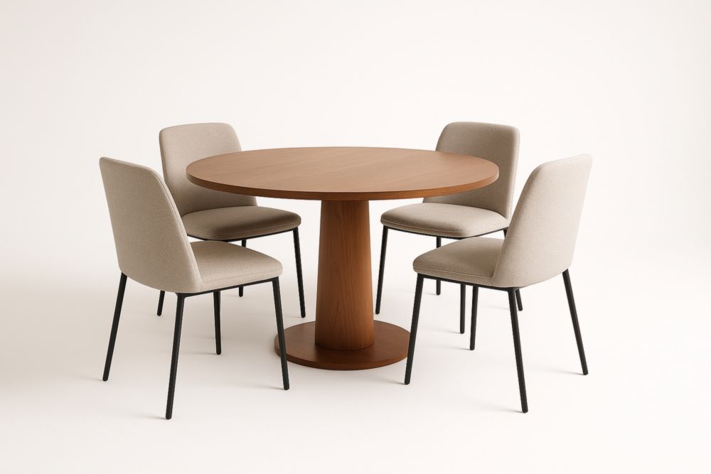 Table ronde en bois avec 4 chaises en acier et tissu beige