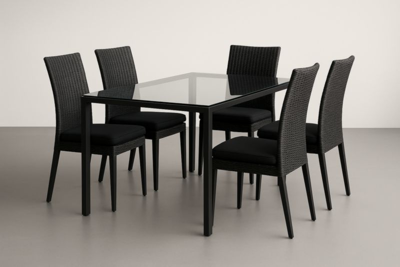 Ensemble table 150 x 90 cm verre trempé + 5 chaises résine tressée coussins mousse polyester