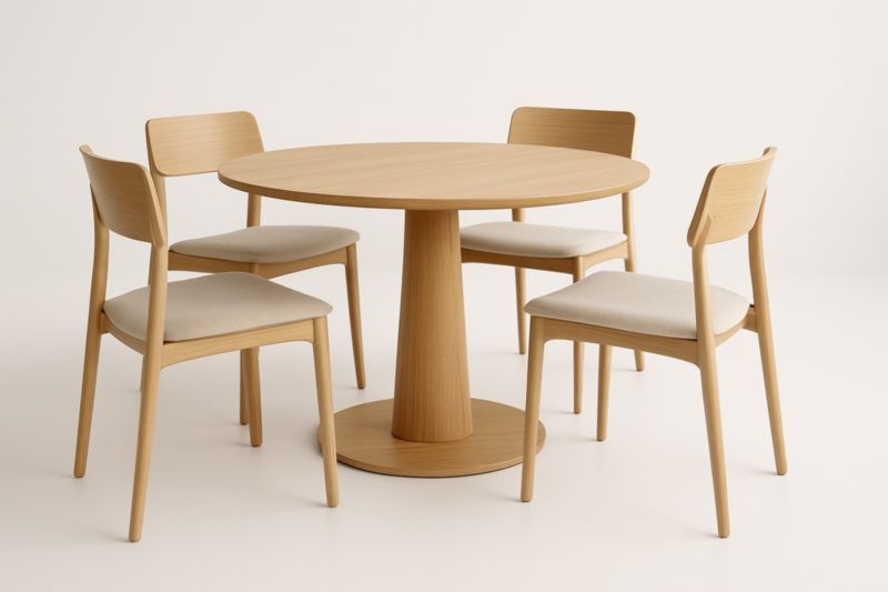 Ensemble table ronde et chaises en bois clair et tissu polyester