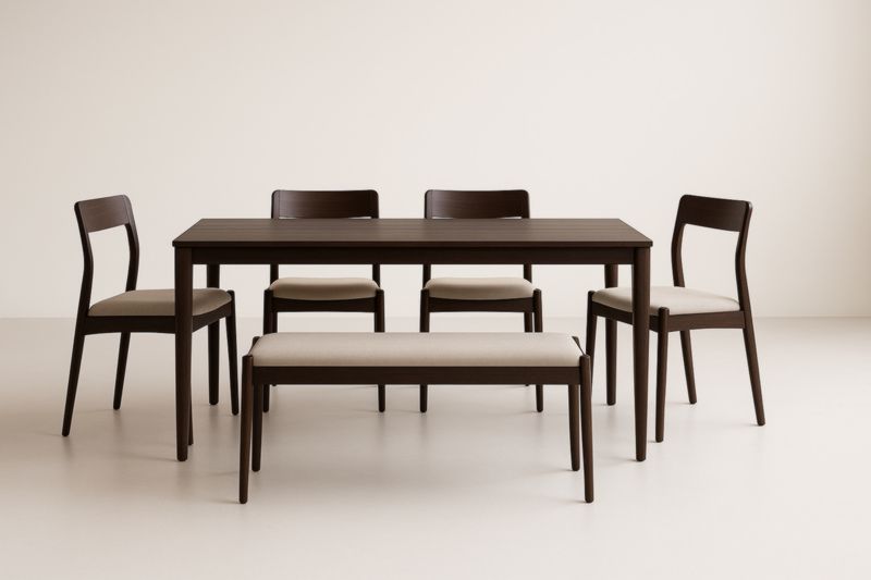 Ensemble salle à manger 1 table + 4 chaises + 1 banc MDF marron assise beige