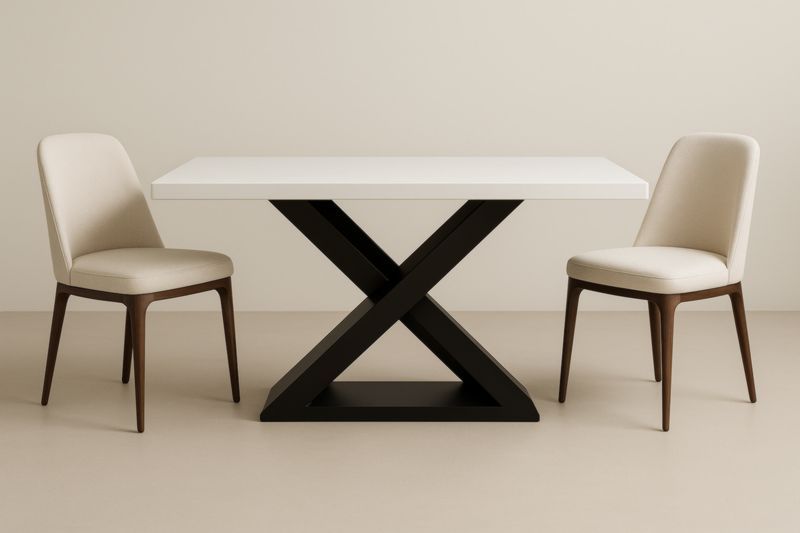 Ensemble table blanche MDF + 2 chaises hêtre rembourrées tissu beige