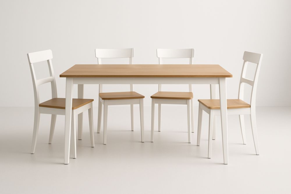 Ensemble table 120 cm et 4 chaises en MDF plaqué chêne et pin peint – 120×75 cm