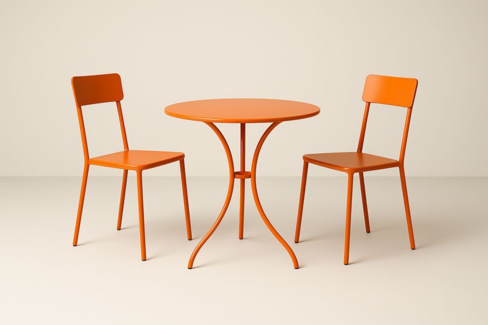 Ensemble table ronde et chaises en acier orange