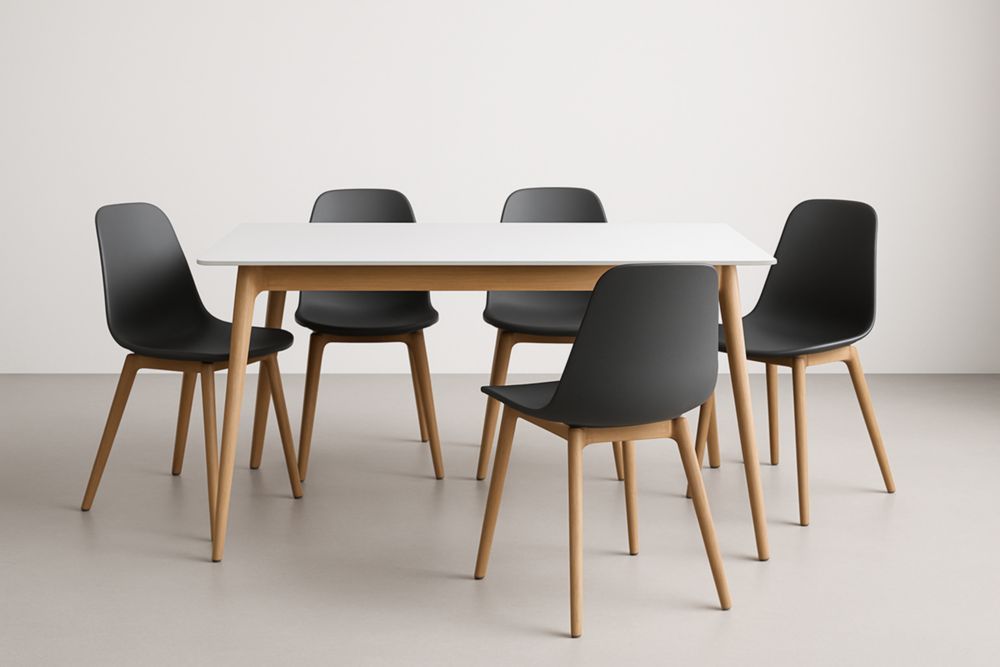 Ensemble table à manger rectangulaire blanc avec chaises noires