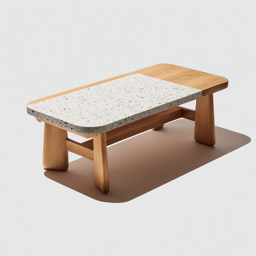Table basse terrazzo - bois 95x50x38 cm - blanc - naturel - usage salon - design contemporain-Placidnest