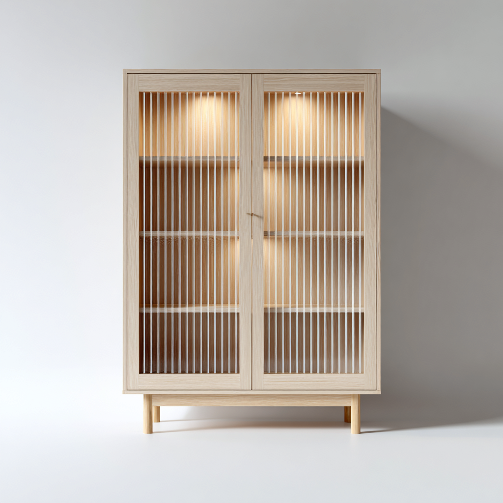 Vitrine - bois verre 95x40x150 cm - chêne clair - adaptée pour cuisine - style moderne-Placidnest