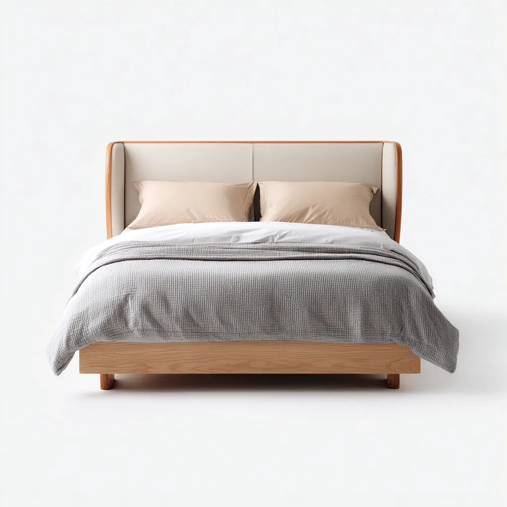 Lit double bois - tissu 212x160x105 cm - bois clair - beige - pour chambre - design moderne-Placidnest