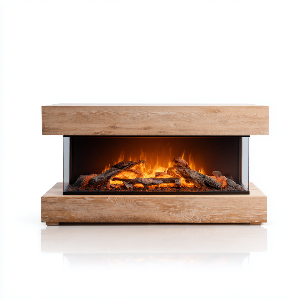 Cheminée électrique en bois et métal 120x35x65 cm - chêne clair - noir - adaptée au salon - design moderne à effet bûches-Placidnest