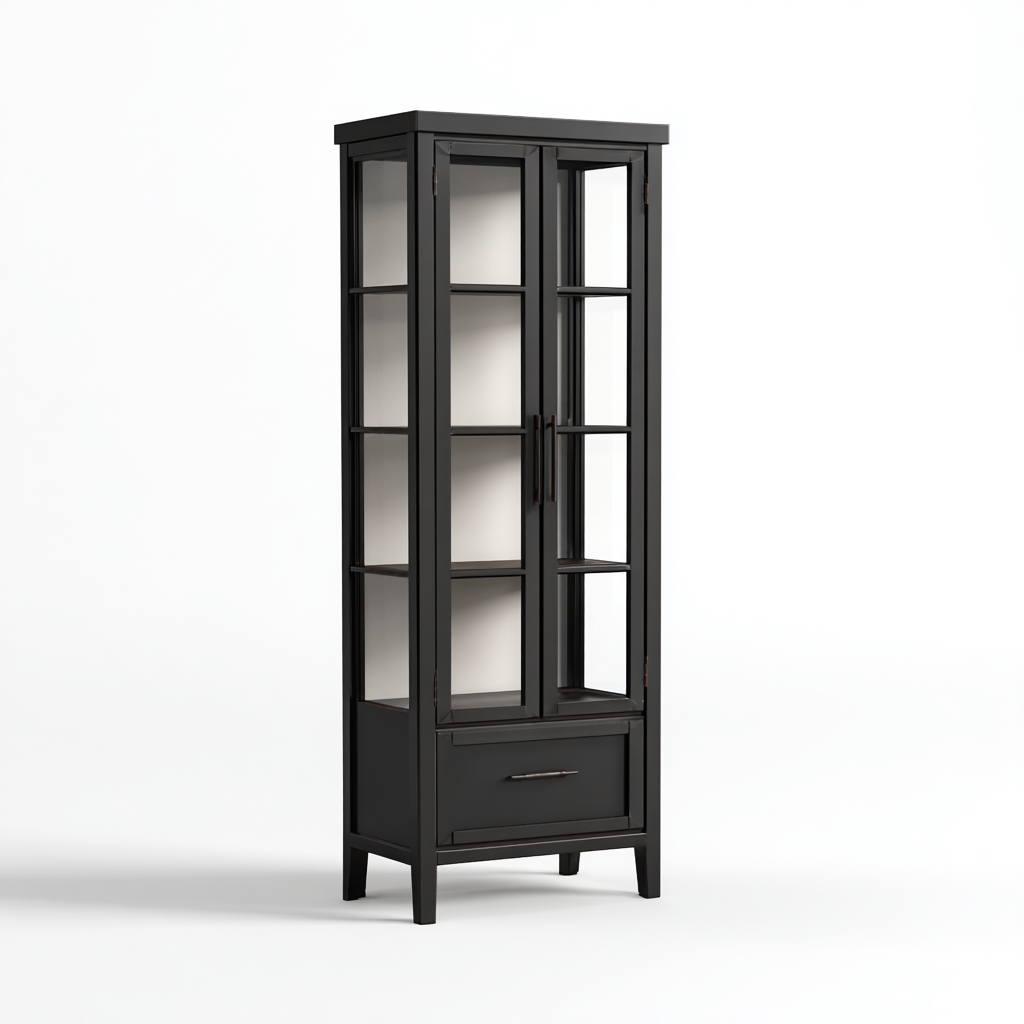 Vitrine - bois verre 70x35x165 cm - noir - adaptée pour cuisine - style moderne-Placidnest