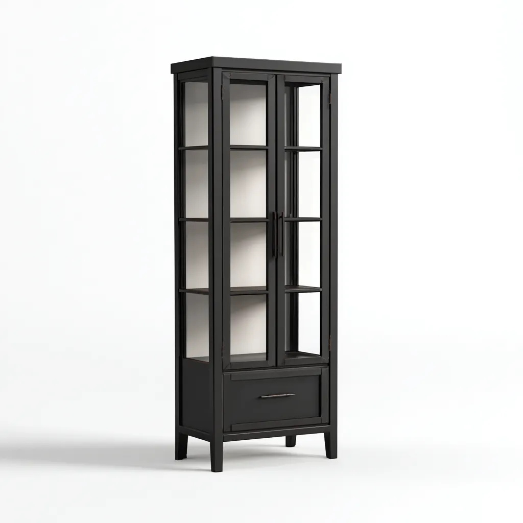 Vitrine - bois verre 70x35x165 cm - noir - adaptée pour cuisine - style moderne-Placidnest