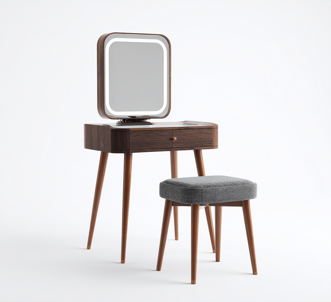 Coiffeuse - bois 80x40x135 cm - noyer foncé - gris - pour chambre - miroir éclairé design moderne-Placidnest