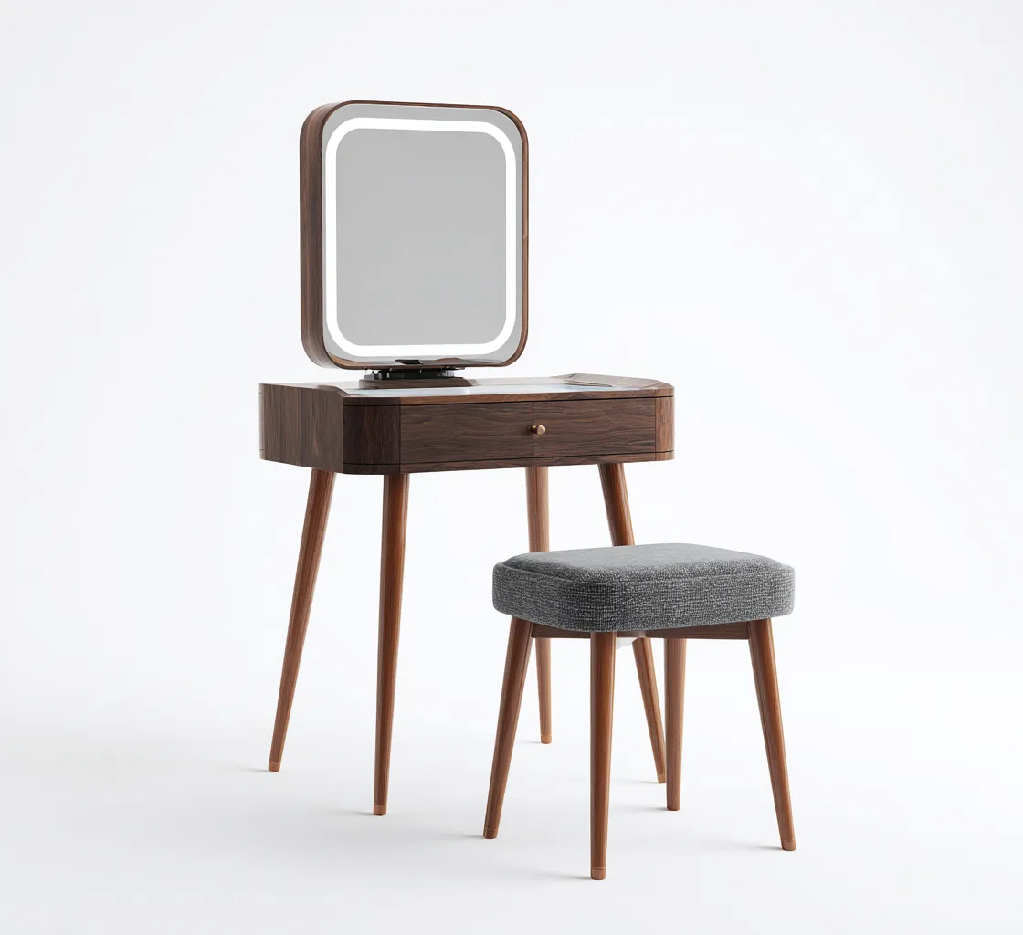 Coiffeuse - bois 80x40x135 cm - noyer foncé - gris - pour chambre - miroir éclairé design moderne-Placidnest