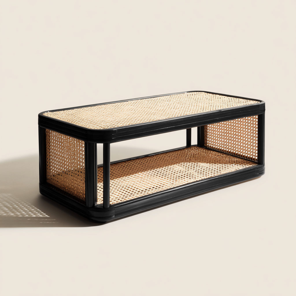 Table basse rotin - métal 100x50x43 cm - noir - naturel - usage salon - design contemporain-Placidnest