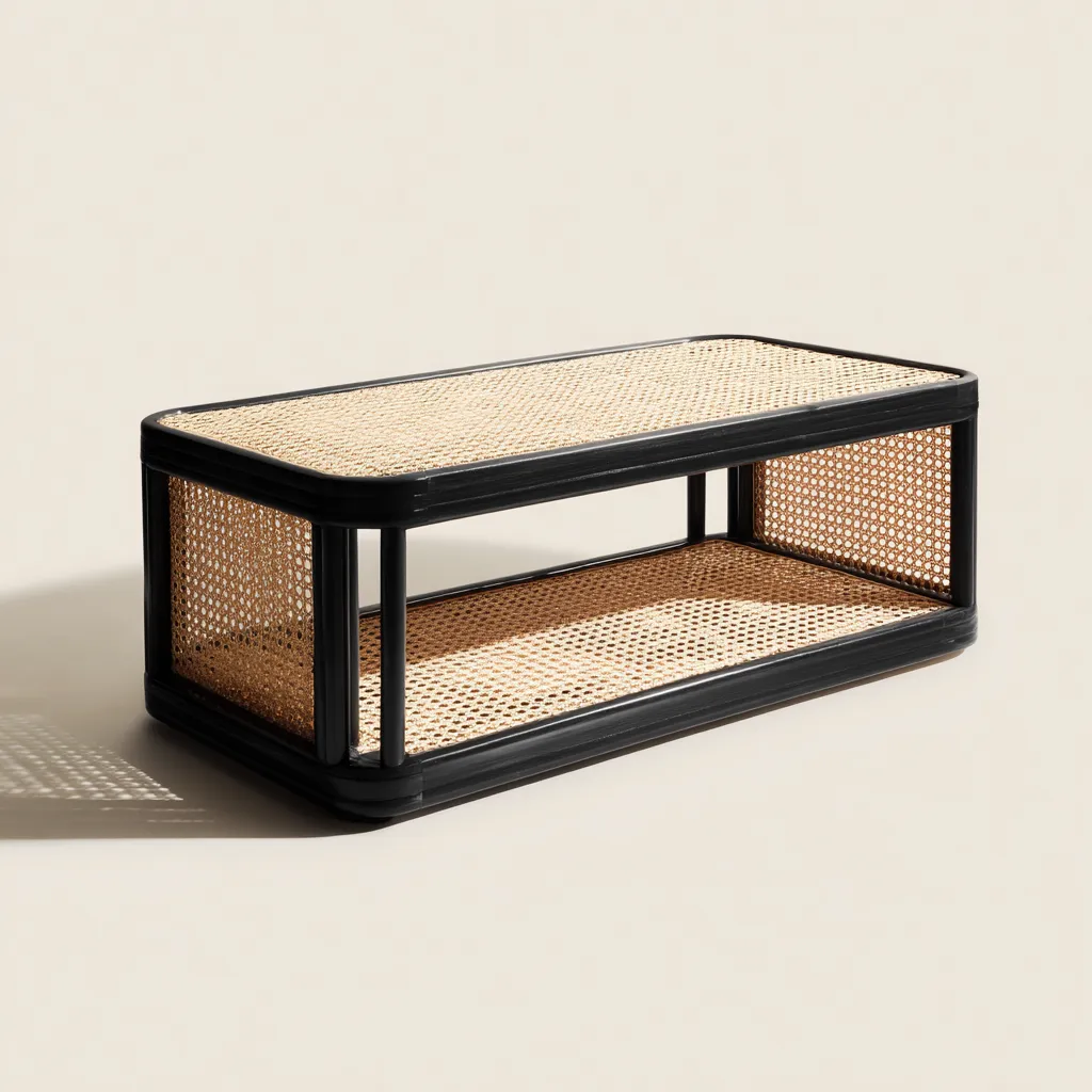 Table basse rotin - métal 100x50x43 cm - noir - naturel - usage salon - design contemporain-Placidnest