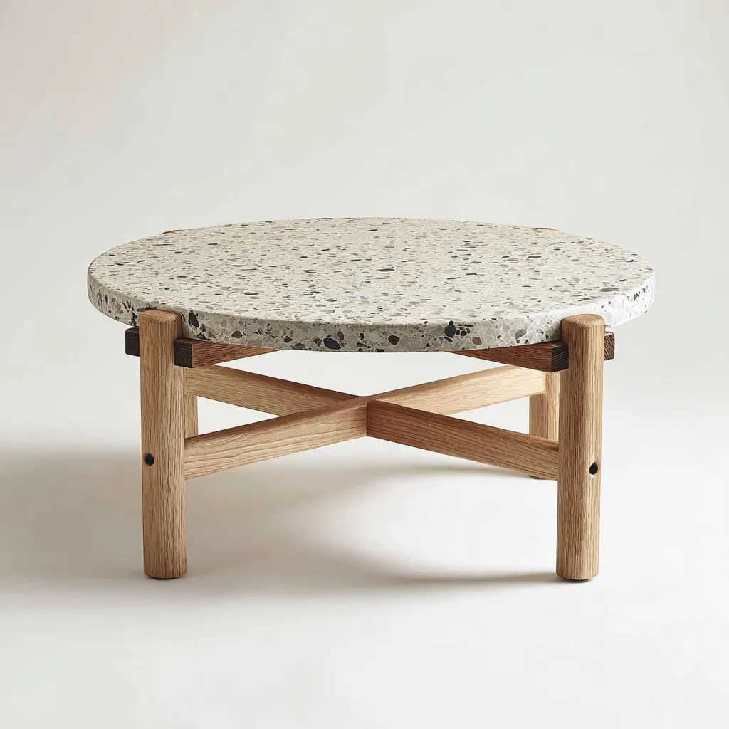 Table basse terrazzo - bois 75x75x38 cm - blanc - naturel - usage salon - design contemporain-Placidnest