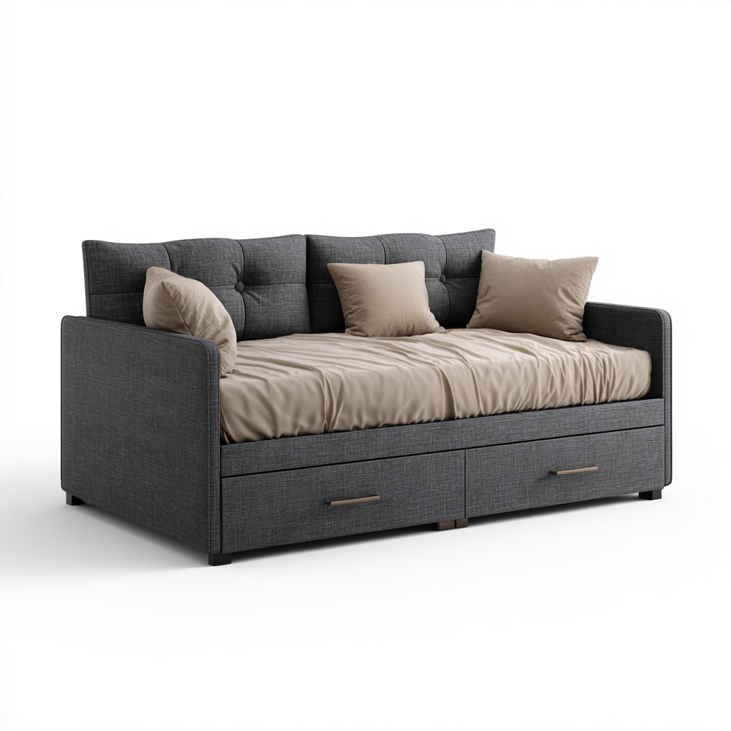 Canapé lit - tissu 210x95x92 cm - gris foncé - beige - pour chambre - avec espace de rangement-Placidnest