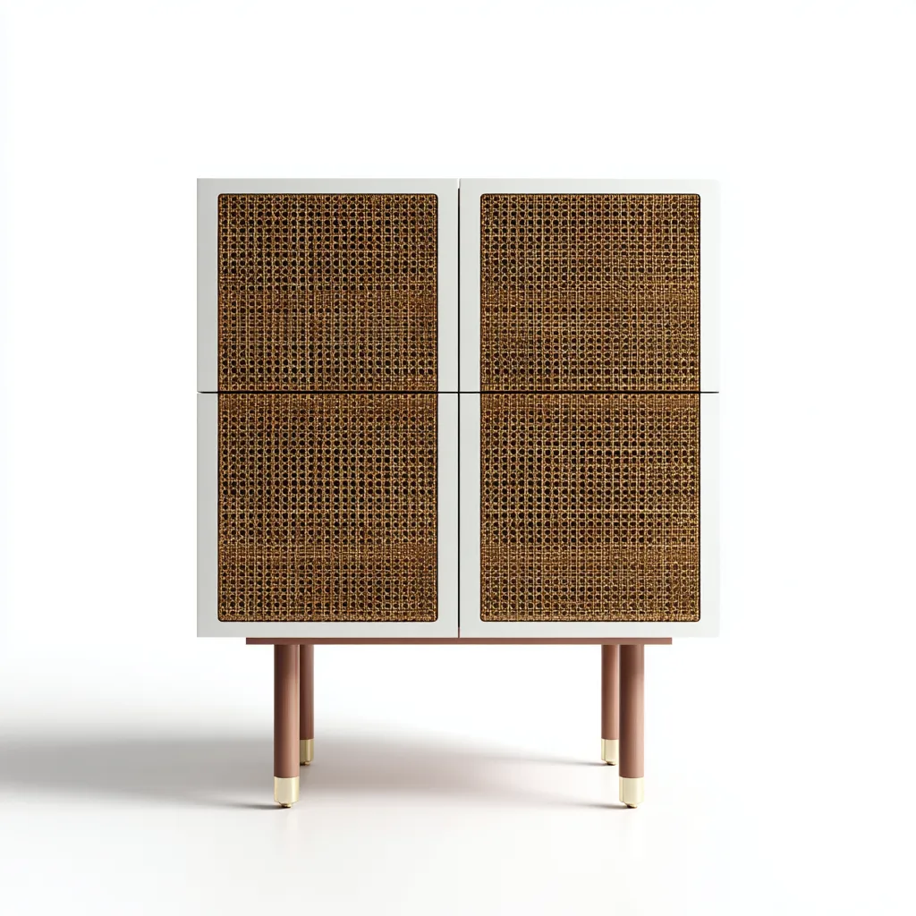 Meuble de rangement de cuisine - panneau bois et rotin 80x40x120 cm - blanc - naturel - adapté pour cuisine - design moderne-Placidnest