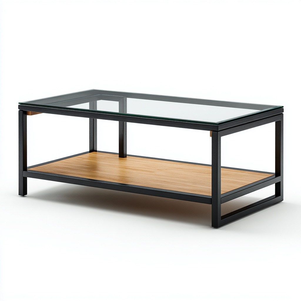 Table basse en verre et métal 110x55x45 cm - transparent - noir - bois - pour salon - design moderne industriel-Placidnest