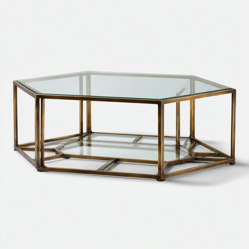 Table basse en verre et métal 80x80x38 cm - transparent - doré antique - pour salon - design moderne géométrique-Placidnest