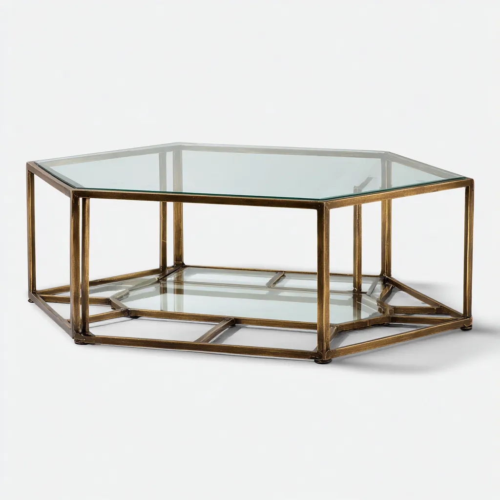 Table basse en verre et métal 80x80x38 cm - transparent - doré antique - pour salon - design moderne géométrique-Placidnest
